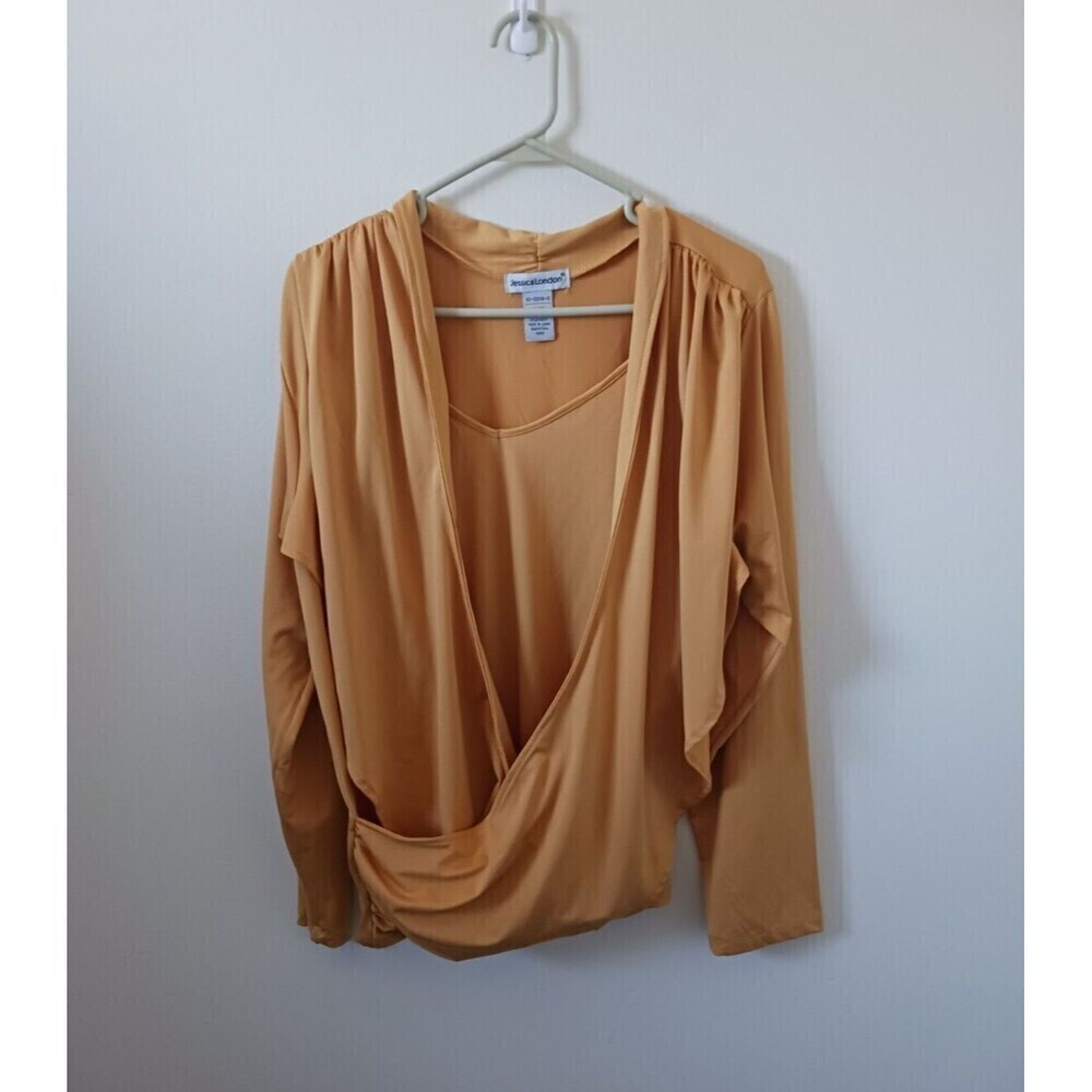Jessica London Womens Wrap Blouse Yellow V‎ Neck Overlay Plus Size 18